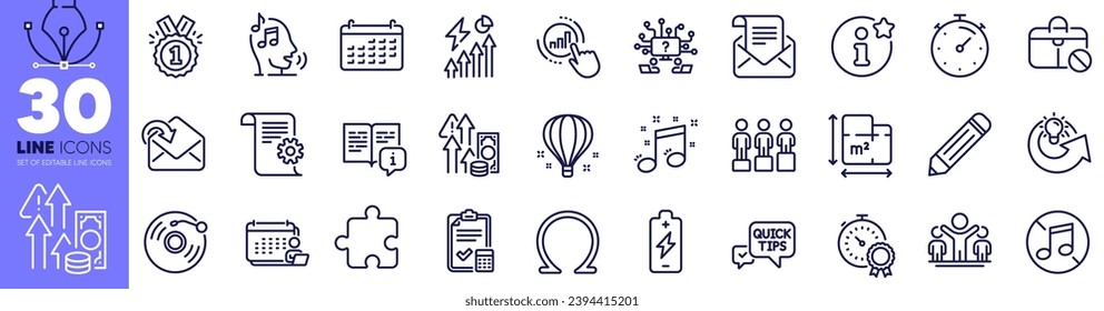 Inflation, Accounting checklist and Share idea line icons pack. Graph chart, No music, Quick tips web icon. Teamwork question, Winner, Technical documentation pictogram. Design with pen tool. Vector