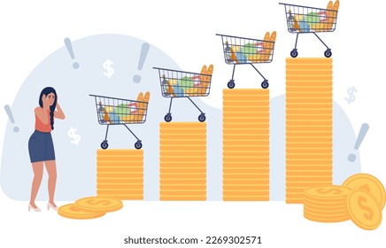 Inflation affecting food prices 2D vector isolated spot illustration. Panicked woman in supermarket flat character on cartoon background. Colorful editable scene for mobile, website, magazine