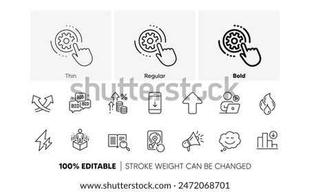 Inflation, Augmented reality and Upload line icons. Pack of Search text, Decreasing graph, Recovery hdd icon. Speech bubble, Video conference, Cogwheel settings pictogram. Flammable fuel. Vector