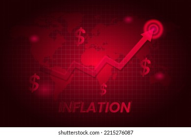 Inflation background in red colour with graphic, world map and dollar. Growing up prices for goods and value of money recession. Economics crisis and business risk