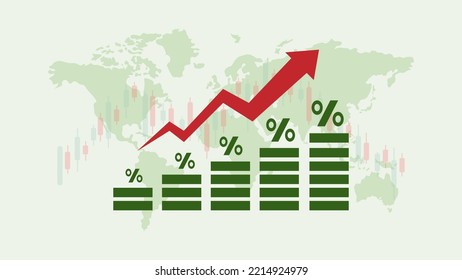 Fondo de la inflación en todo el mundo con flecha roja hacia arriba y signo porcentual. Gráfico que muestra el aumento de la inflación, el crecimiento financiero, el aumento de las tasas de interés, el concepto de aumento de los precios y los impuestos