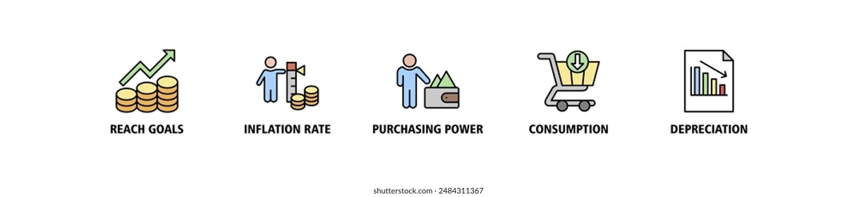 Icono de Web de Anuncio de inflación, concepto de Ilustración vectorial con ícono de nivel de Precio, tasa de inflación, poder adquisitivo, consumo y depreciación