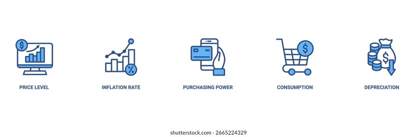 Banner de inflação ícone web vetor ilustração conceito com ícone do nível de preço, taxa de inflação, poder de compra, consumo e depreciação