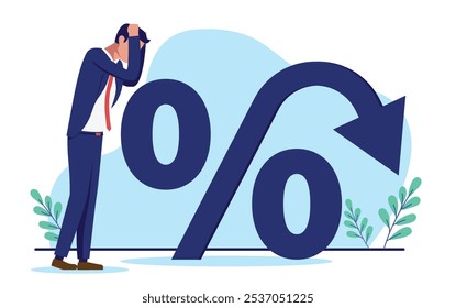 Inflation business economy - Sad desperate businessman looking at earnings and profits going down making less money. Company crisis and financial economic depression concept concept in flat design