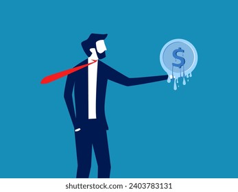 Inflation. Businessman holds melting coins. vector 
