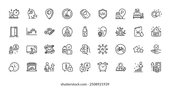 Inflação, gráfico Candlestick e pacote de ícones de linha de Palavras-chave. AI, Pergunta e Resposta, Mapear ícones de pin. E-mail, Timer, ícone da Web do tíquete do Love. Tempo de atualização, proteção Uv, pictograma de porta aberta. Vetor