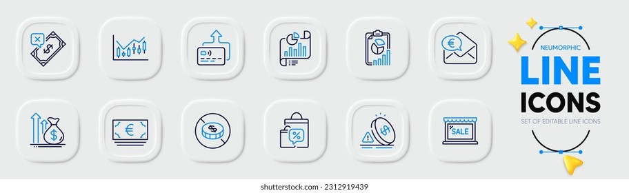 Inflation, Card and Financial diagram line icons for web app. Pack of Budget, Report, Sale bags pictogram icons. Sale, Rejected payment, Euro currency signs. Report document, Euro money. Vector