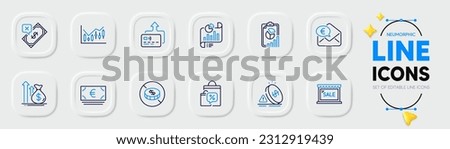 Inflation, Card and Financial diagram line icons for web app. Pack of Budget, Report, Sale bags pictogram icons. Sale, Rejected payment, Euro currency signs. Report document, Euro money. Vector