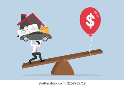 Inflation cause high cost of living, difficulty for citizen to bearing price of product, financial risk concept. Inflation balloon tied with seesaw resulting salaryman more tired to carry expenses.