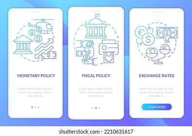 La inflación causa un degradado azul a la pantalla de aplicación móvil. Recorrido de crisis económica 3 pasos de instrucciones gráficas con conceptos lineales. UI, UX, plantilla GUI. Multitud de tipos de letra Pro-Bold, con uso regular