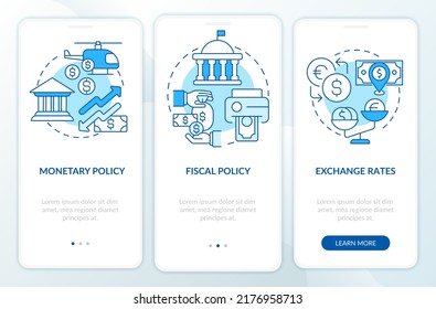 Inflation causes blue onboarding mobile app screen. Economic crisis walkthrough 3 steps editable graphic instructions with linear concepts. UI, UX, GUI template. Myriad Pro-Bold, Regular fonts used