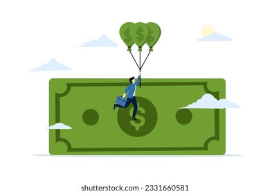 La inflación hace que los precios se disparen. La moneda se está fortaleciendo. El producto ha aumentado en valor. Saldos o fondos sobrevaluados. Un hombre de negocios flota en un globo aerostático. ilustración vectorial plana