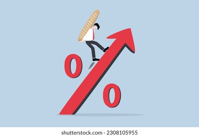 Inflation causing food price rising up, fighting high cost of living, reducing purchasing power concept, Fatigue businessman carrying bread on back while walking up percentage sign with upward arrow.