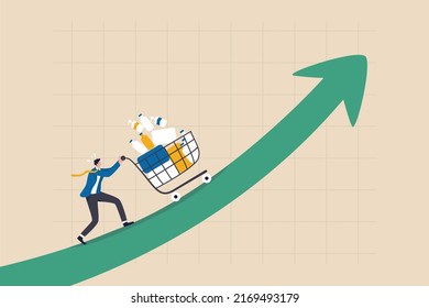 Inflation causing grocery price rising up, more expense, cost and spending, economic crisis or consumer price rising up concept, businessman push shopping cart trolley up rising price graph.