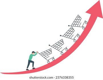  Inflation causing grocery price rising up, more expense, cost and spending, economic crisis or consumer price rising up concept, businessman push shopping cart trolley up rising price graph
