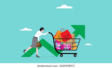Inflation causing grocery price rising up, food or economic crisis that causes food prices rising up, food price inflation, woman rely on shopping carts sadly because food prices are rising up