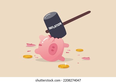 Inflation causing money value decreased or recession make stock market crash, pension fund losing value or business bankruptcy concept, big hammer with the word inflation hit broken piggy bank.