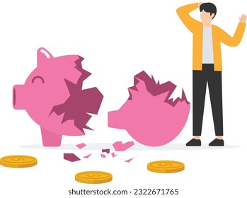 Inflation causing money value decreased or recession make stock market crash, pension fund losing value or business bankruptcy, Big hammer inflation hit broken piggy bank

