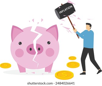 Inflation causing money value decreased or recession make stock market crash, pension fund losing value or business bankruptcy concept, big hammer with the word inflation hit broken piggy bank.

