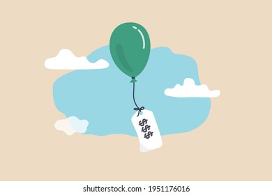 Inflation Causing Price Rising Up, Overvalued Stock Or Funds, Consumer Purchasing Power Reducing Concept, Air Balloon Tied With Product Price Tag Flying High Rising Up In The Sky.