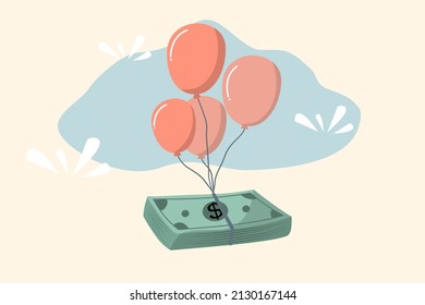 La inflación causa el alza de precios, sobrevaluación de acciones o fondos, concepto de reducción del poder adquisitivo de los consumidores, globo de aire atado a etiquetas de precios de productos que sobrevuelan en alza en el cielo.