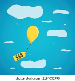 Inflation causing price rising up, overvalued stock or funds, consumer purchasing power reducing concept, air balloon tied with product price tag flying high rising up in the sky.
