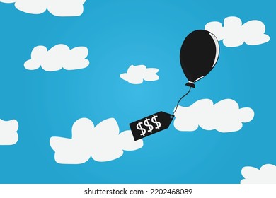 Inflation causing price rising up, overvalued stock or funds, consumer purchasing power reducing concept, air balloon tied with product price tag flying high rising up in the sky.