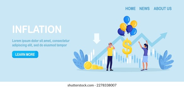 Inflación que causa el aumento de precios, crisis financiera. Mercado de valores sobrevaluado. Crecimiento del valor monetario. Valor inestable en efectivo. Globos de aire atados con signos de dólar volando alto en el cielo