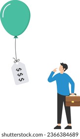 Inflation causing price rising up, Overvalued stock or funds, Consumer purchasing power reducing, Air balloon tied with product price tag, Flying high rising up in the sky

