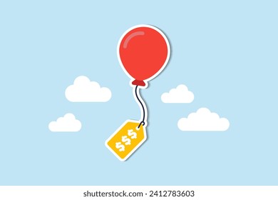 La inflación causa el alza de precios, sobrevaluación de acciones o fondos, concepto de reducción del poder adquisitivo de los consumidores, globo de aire atado a etiquetas de precios de productos que sobrevuelan en alza en el cielo.