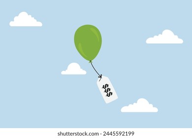 Inflation causing price rising up, balloon tied to the price tag of a product flying high into the sky