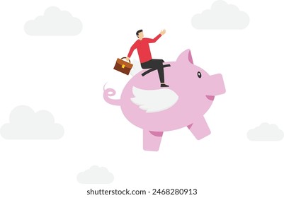 Inflation causing price rising up, overvalued stock or funds, consumer purchasing power reducing concept, coin bank tied with product price tag flying high rising up in the sky.

