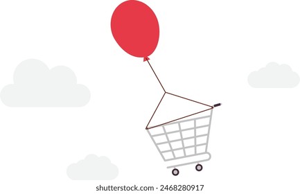 Inflation causing price rising up, overvalued stock or funds, consumer purchasing power reducing concept, air balloon tied with shopping cart flying high rising up in the sky.

