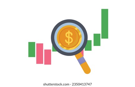 Inflation chart with magnifying glass concept.on white background.Vector Design Illustration.