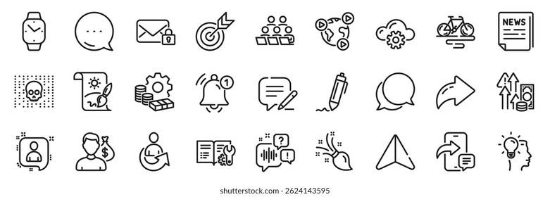 Inflation, Cloud computing and Smartwatch line icons pack. Share, Message, Paper plane icons. Creative painting, Voicemail, Signature web icon. Bike, Video conference, Idea pictogram. Vector