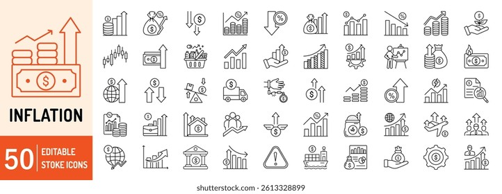 Inflation collections editable stroke outline web icons set. Inflation rate, price increase, investment, energy, cost surge, economic impact, hyperinflation, economy and more... Vector illustration