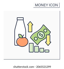 Inflation color icon. Decrease in purchasing power of money. Increase in prices of goods and services in an economy.Money concept. Isolated vector illustration