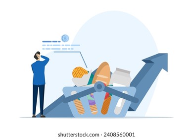 inflation concept. Consumer price index growth and financial crisis concept. The character buys food at the supermarket and is worried about rising food prices. Flat vector illustration.
