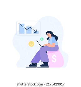 Inflation concept. The financial crisis, decrease the value of the currency. A woman loses savings due to inflation. Vector flat illustration.