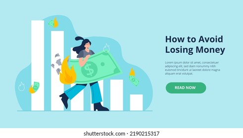 Inflation concept. Financial and economic crisis. A young woman loses his money and savongs. Vector flat illustration from landing page or banner.