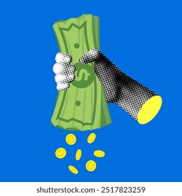 Concepto de inflación. La mano exprime el papel moneda del que salen las monedas. Moderno collage de medio tono. Dificultades financieras. Convertir el papel moneda en Pequeño cambio. Perder dinero en los negocios