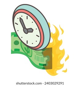 Inflation concept icon isometric vector. Round old clock and burning dollar bill. Money time, financial concept
