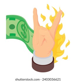 Inflation concept icon isometric vector. Human hand and burning dollar banknote. Money devaluation, loss, inflation