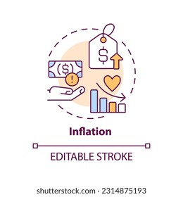 Icono de concepto de inflación. Coste creciente. Índice de precios al consumidor. Finanzas personales. Presupuesto de los hogares. Ilustración de la delgada línea de la idea abstracta de la crisis financiera. Dibujo de contorno aislado. Trazo editable