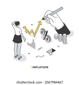 Inflation concept. Money losing purchasing power with price level increase. Crisis of finance market. Vector isometric illustration of economy recession risk