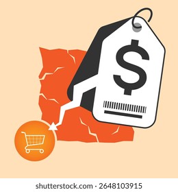 Inflatie concept vector: oversized prijskaartje en kleine winkelwagen op een krimpende, gebarsten oppervlak, symboliseert stijgende kosten en de daling van de koopkracht van de consument.