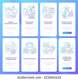 La inflación tiene como consecuencia el gradiente azul incorporado a la pantalla de la aplicación móvil. Recorrido 4 pasos instrucciones gráficas con conceptos lineales. UI, UX, plantilla GUI. Multitud de tipos de letra Pro-Bold, con uso regular