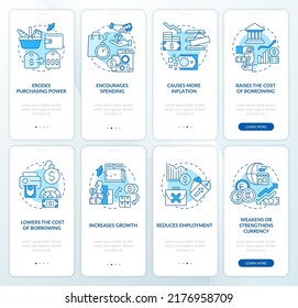 Inflation consequences blue onboarding mobile app screen set. Walkthrough 4 steps editable graphic instructions with linear concepts. UI, UX, GUI template. Myriad Pro-Bold, Regular fonts used