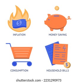 Inflation and consumption icon set in flat style. Energy bills, money saving symbols. Vector illustration.