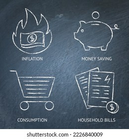 Inflation and consumption icon set on chalkboard. Energy bills, money saving symbols. Vector illustration.